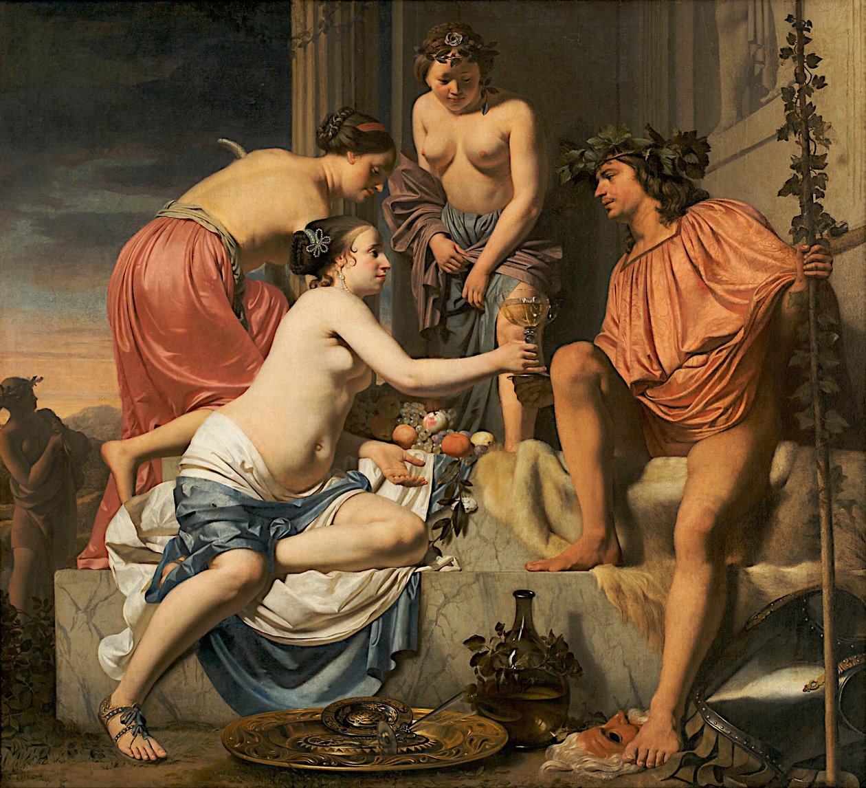 Bacchus op een Troon Nymfen die Bacchus Wijn en Fruit Aanbieden door Cesar Boetius van Everdingen