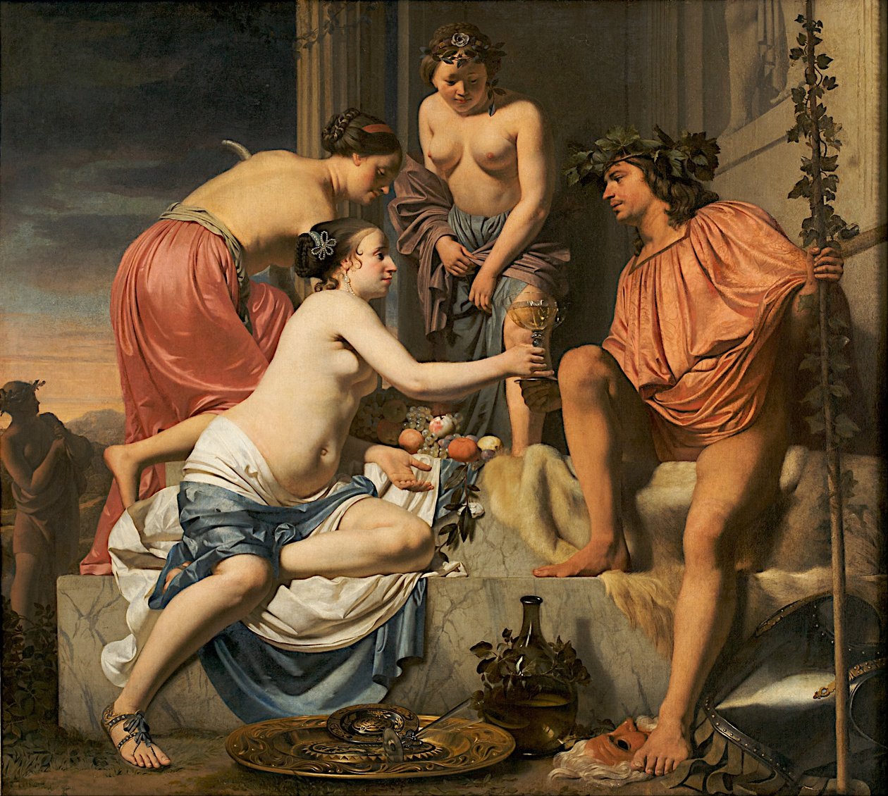 Bacchus op een troon - Nimfen die Bacchus wijn en fruit aanbieden door Caesar van Everdingen