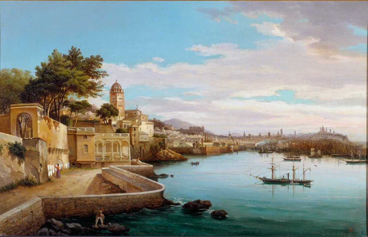 Zicht op de haven van Genua door Cambiaso