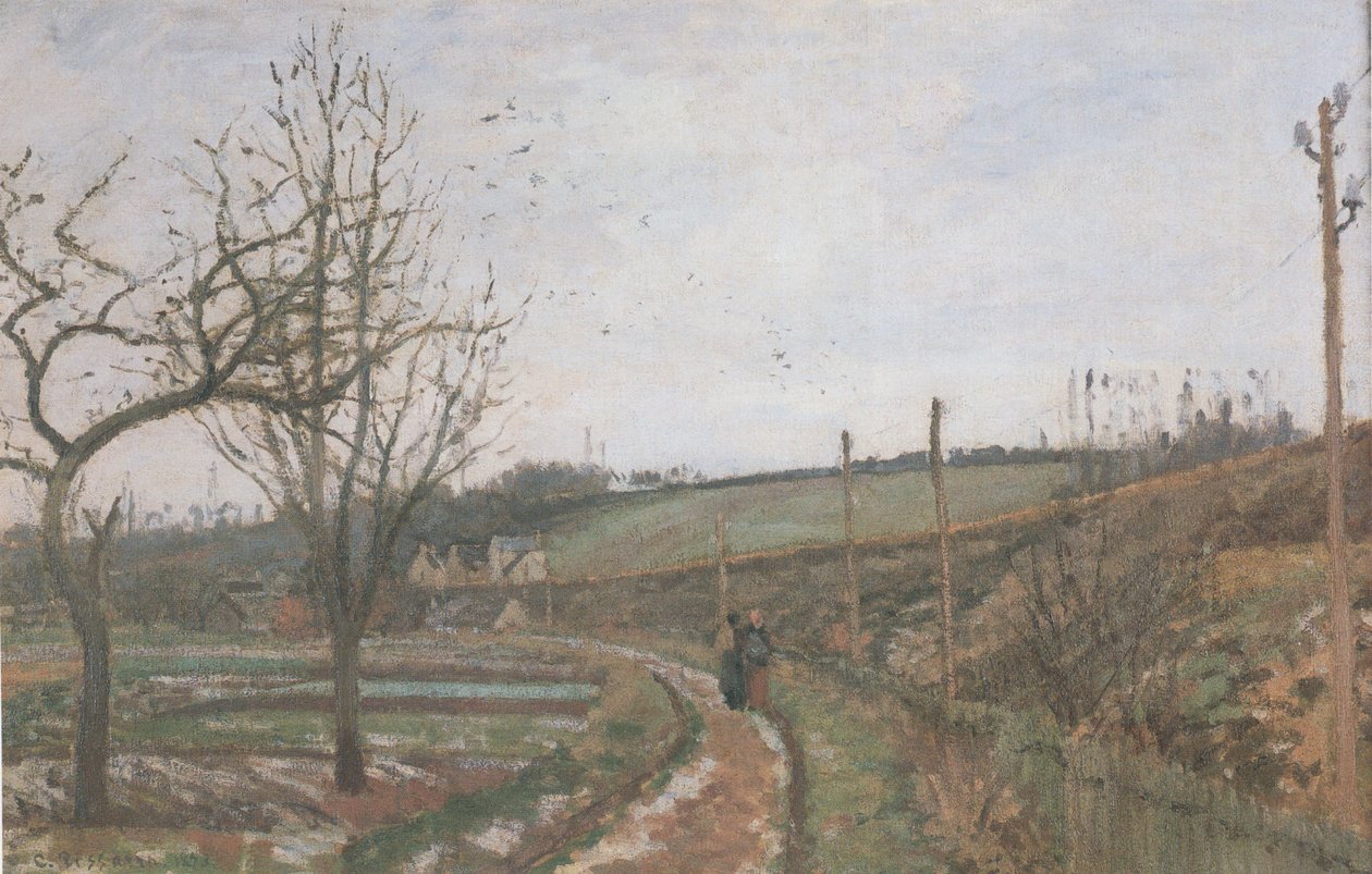 De weg langs de spoorweg, sneeuw effect door Camille Jacob Pissarro