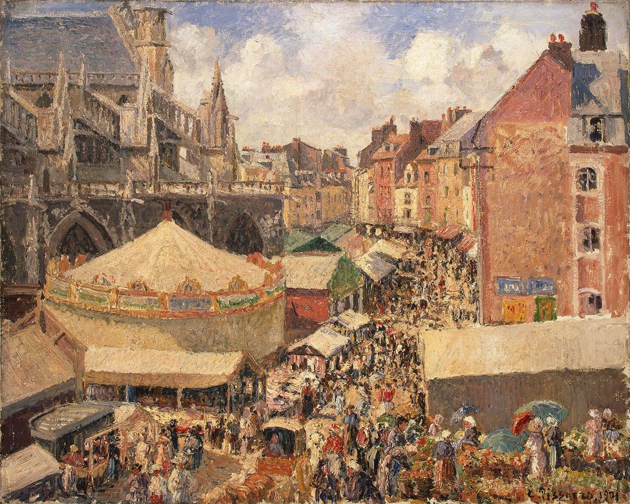 De Kermis in Dieppe, Zonnige Ochtend, 1901 door Camille Jacob Pissarro