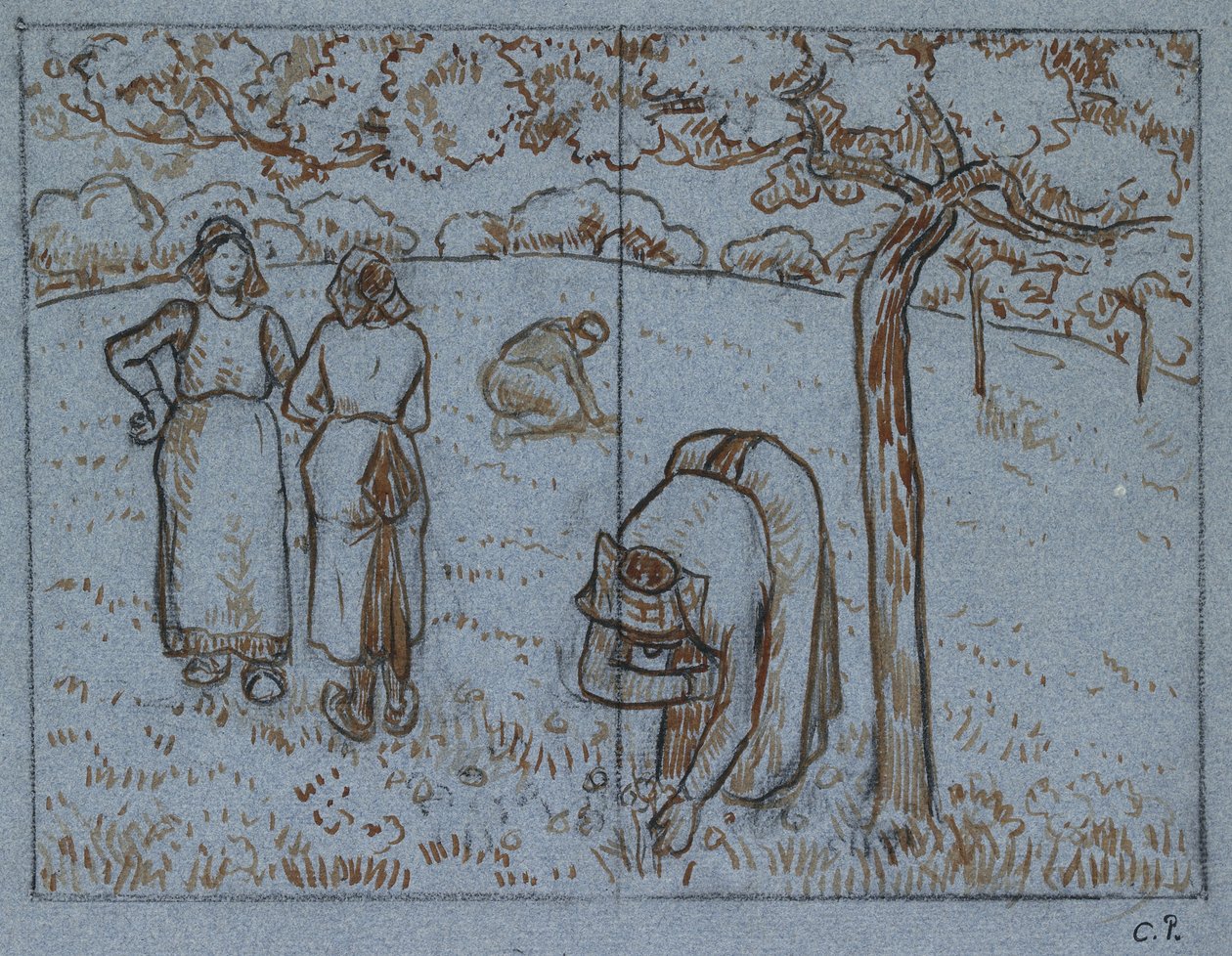 Compositorische studie van vier vrouwelijke boeren die in een boomgaard werken (