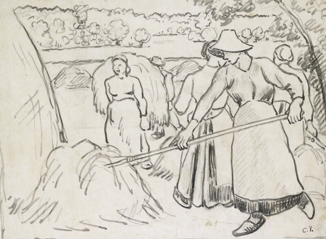 Compositorische studie van oogsters in een landschap, c. 1893 door Camille Jacob Pissarro