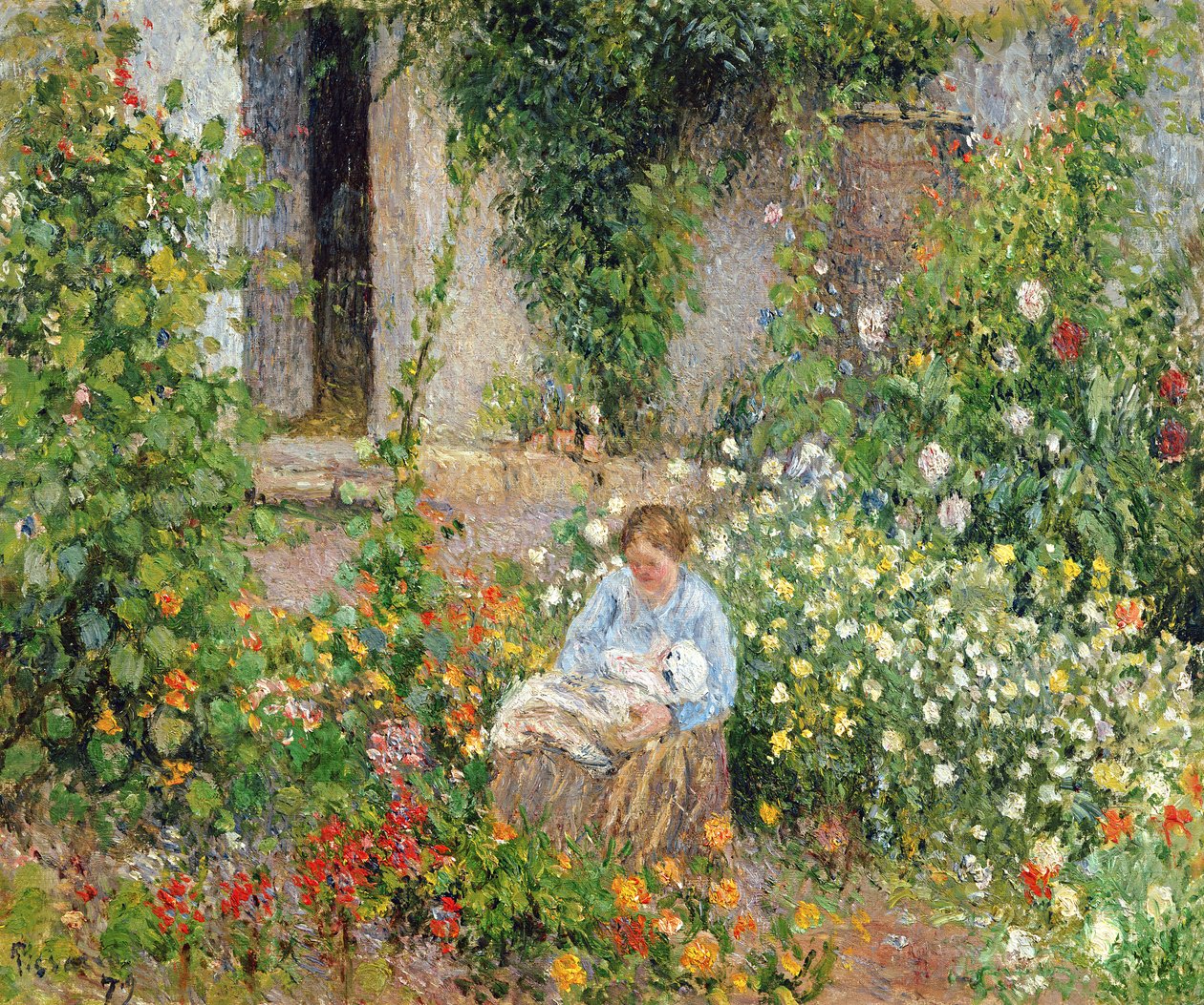 Moeder en Kind in de Bloemen, 1879 door Camille Jacob Pissarro