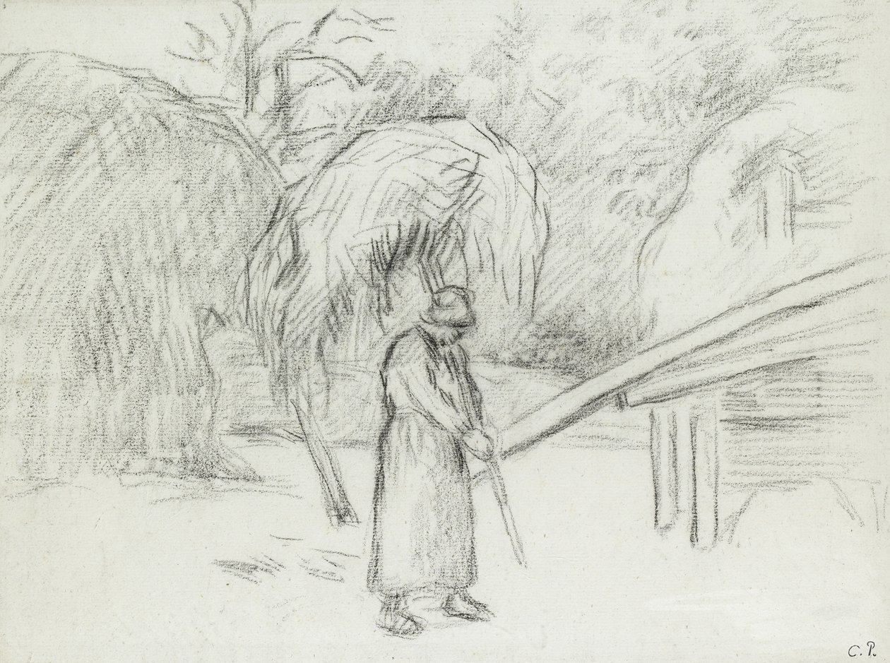 Studie van een vrouwelijke boer die een lading hooi draagt op de boerderij in Foucault, ca. 1875 door Camille Jacob Pissarro