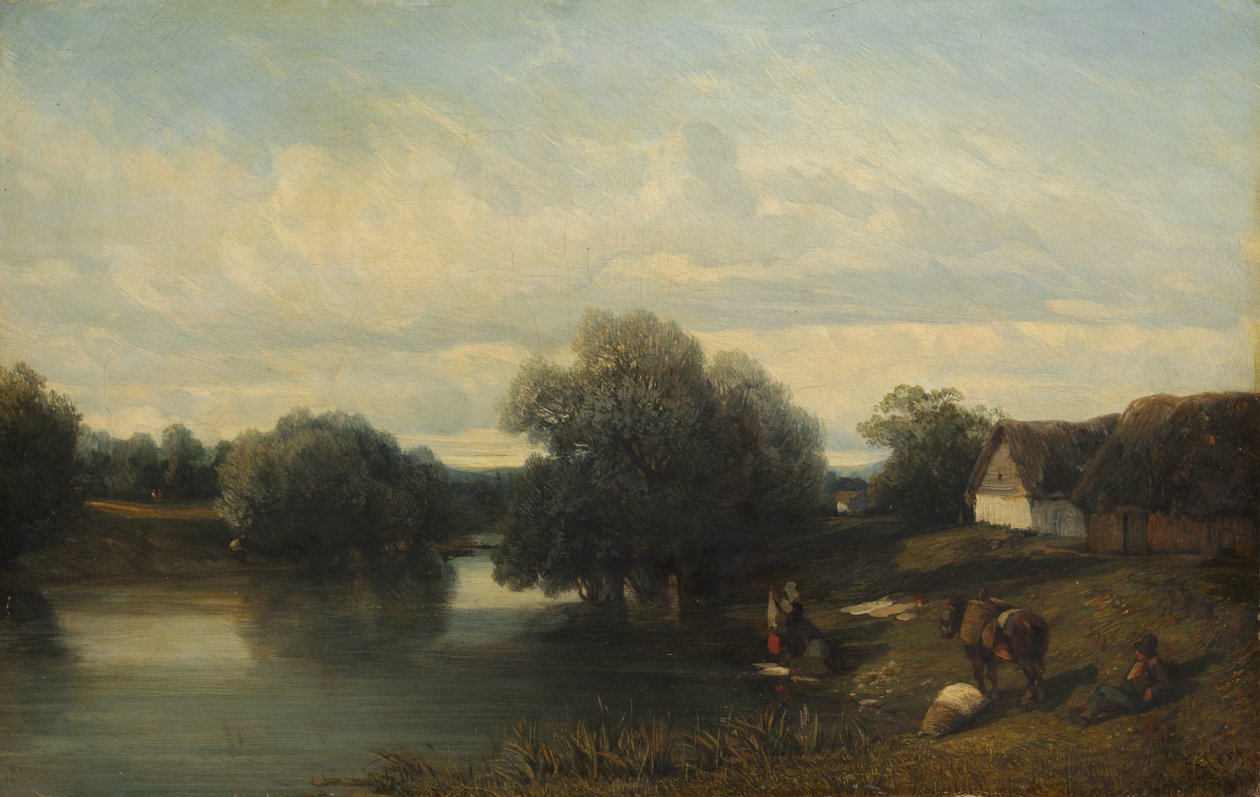 Huisje aan de rivier met wasvrouwen, 1835 door Camille Flers