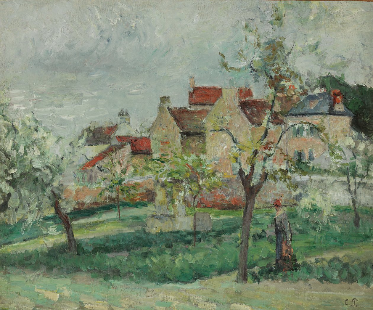 Bloeiende pruimenbomen in Pontoise door Camille Jacob Pissarro