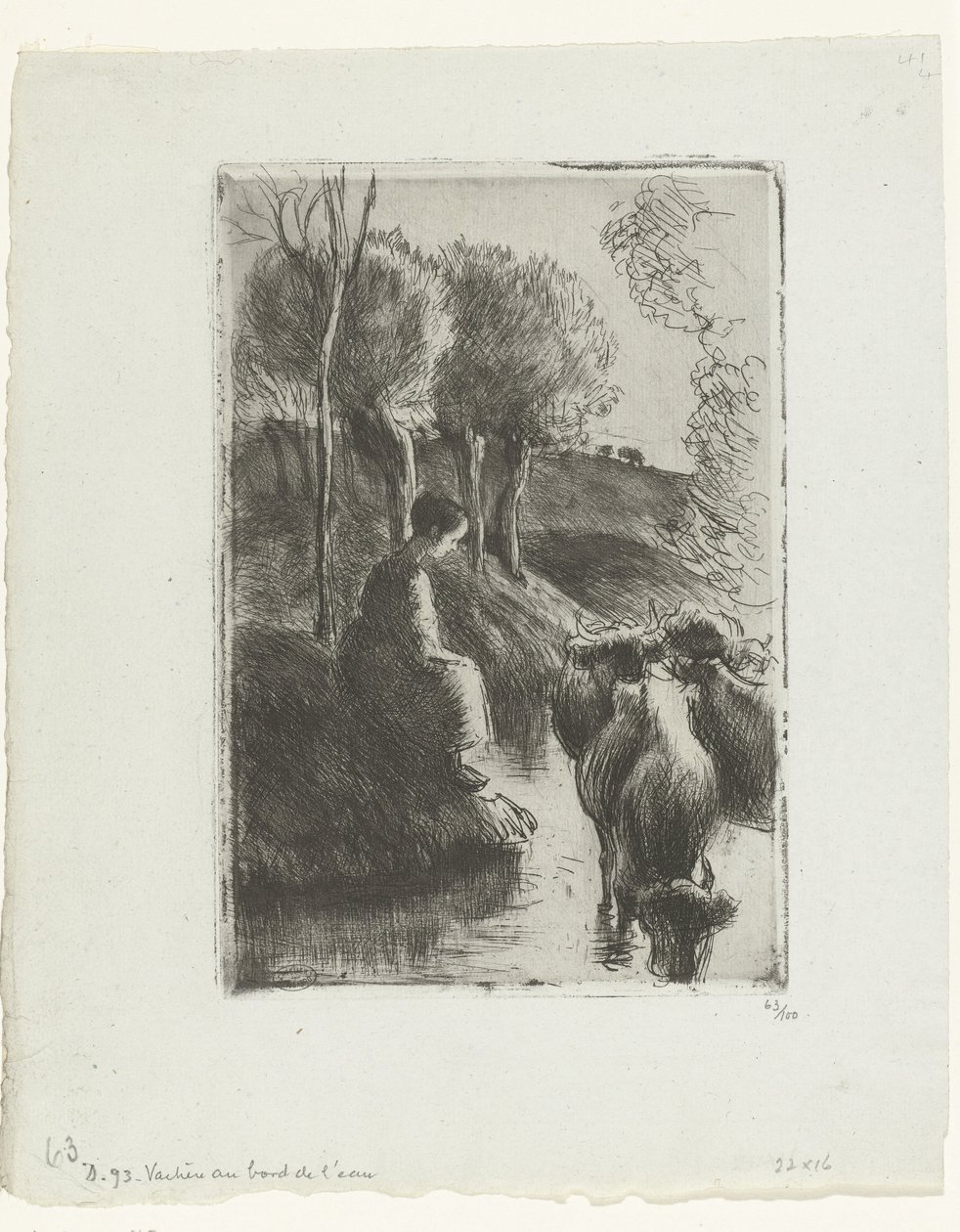 Herderin met koeien bij het water door Camille Jacob Pissarro