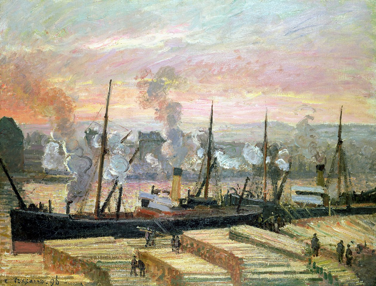 Zonsondergang in Rouen, boten lossen hout, 1896 door Camille Jacob Pissarro