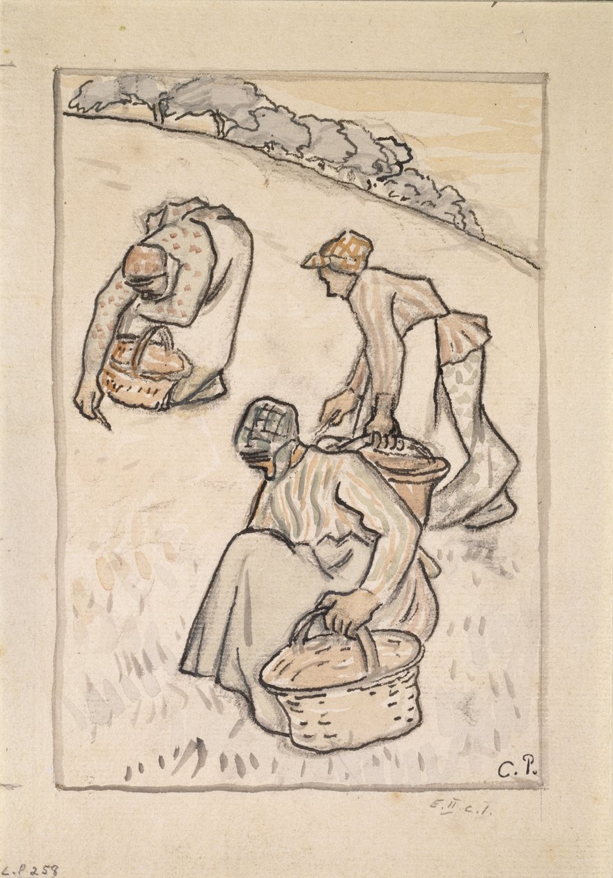 Vrouwen wieden het gras door Camille Jacob Pissarro