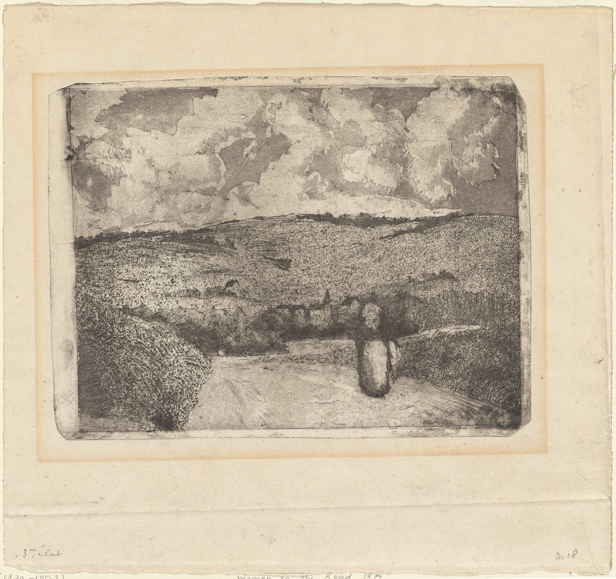 Een vrouw die langs een landweg loopt door Camille Pissarro