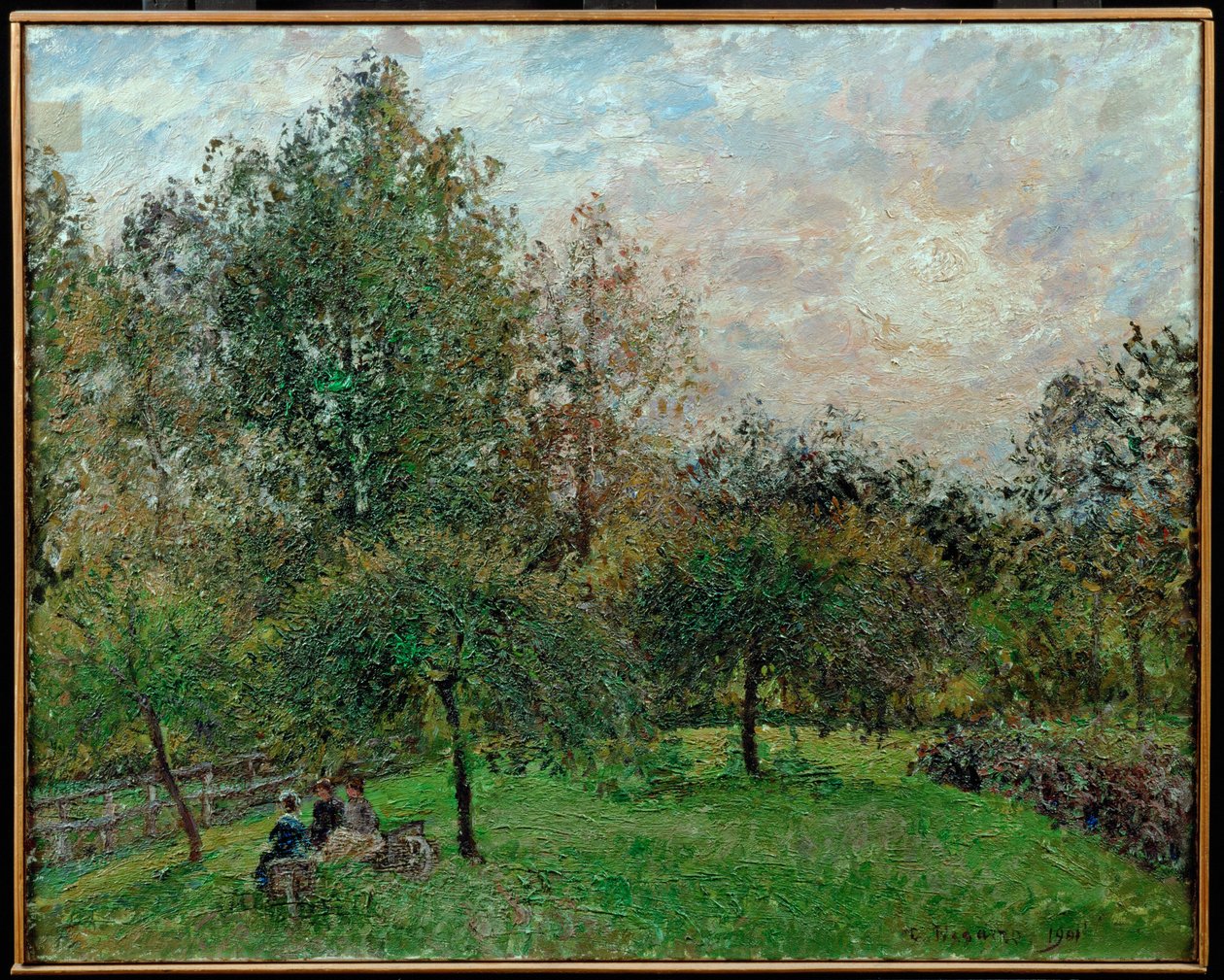 Appelbomen en populieren in een zonsondergang door Camille Pissarro