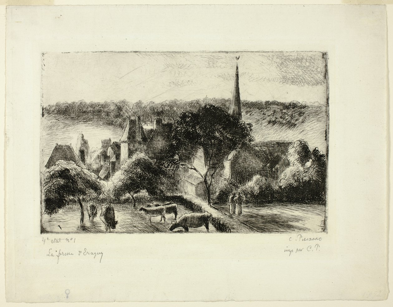 Kerk en boerderij in Éragny door Camille Pissarro