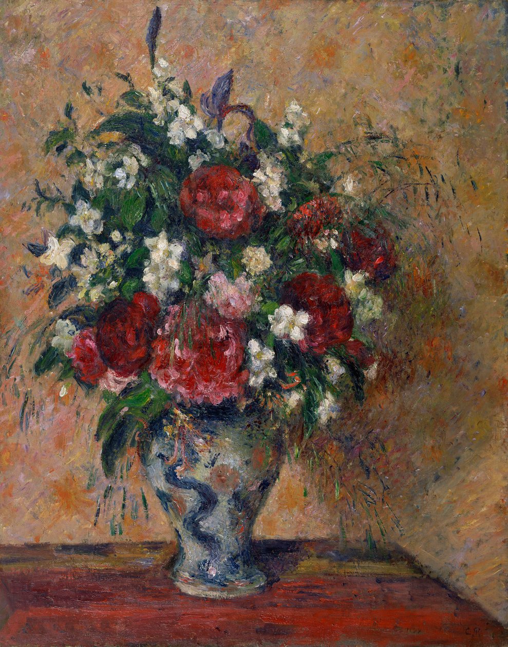 Stilleven met pioenen en oranje achtergrond door Camille Pissarro