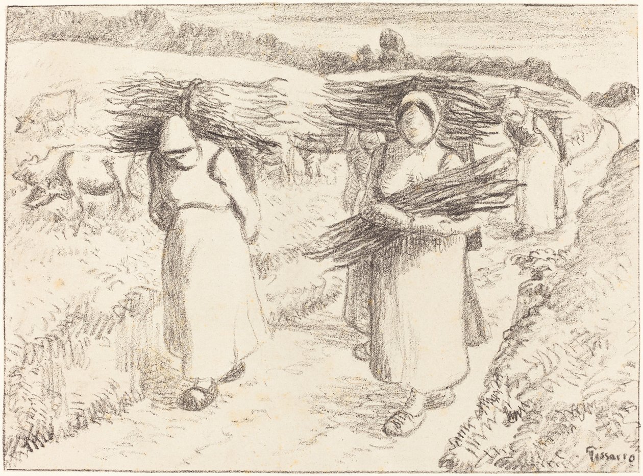 Boeren die stokken dragen Paysannes portant des fagots, 1896 door Camille Pissarro