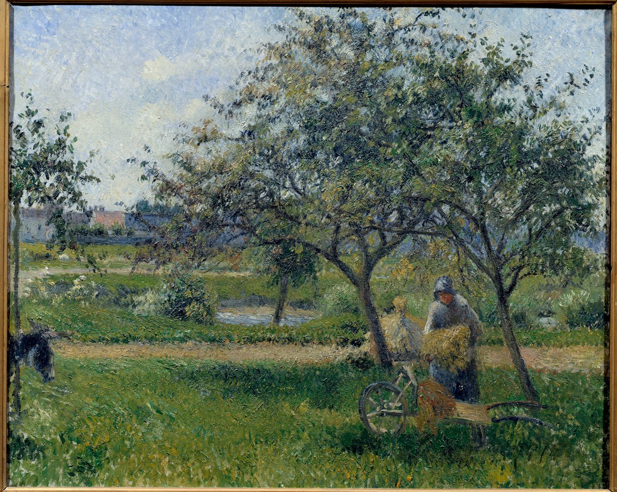 De kruiwagen, boomgaard door Camille Jacob Pissarro