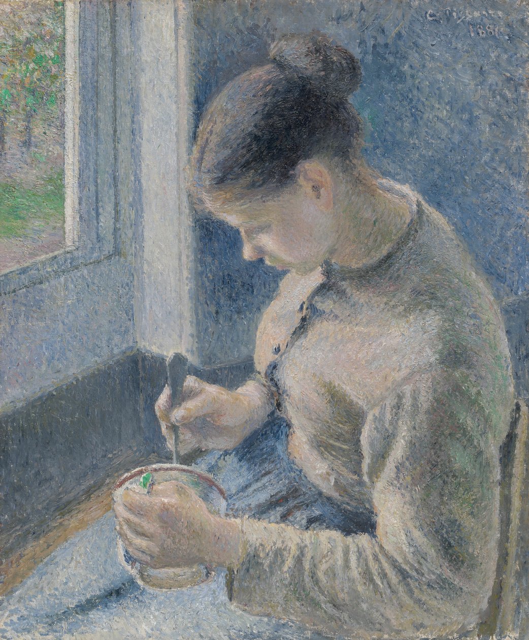 Jonge boerin met koffie door Camille Pissarro