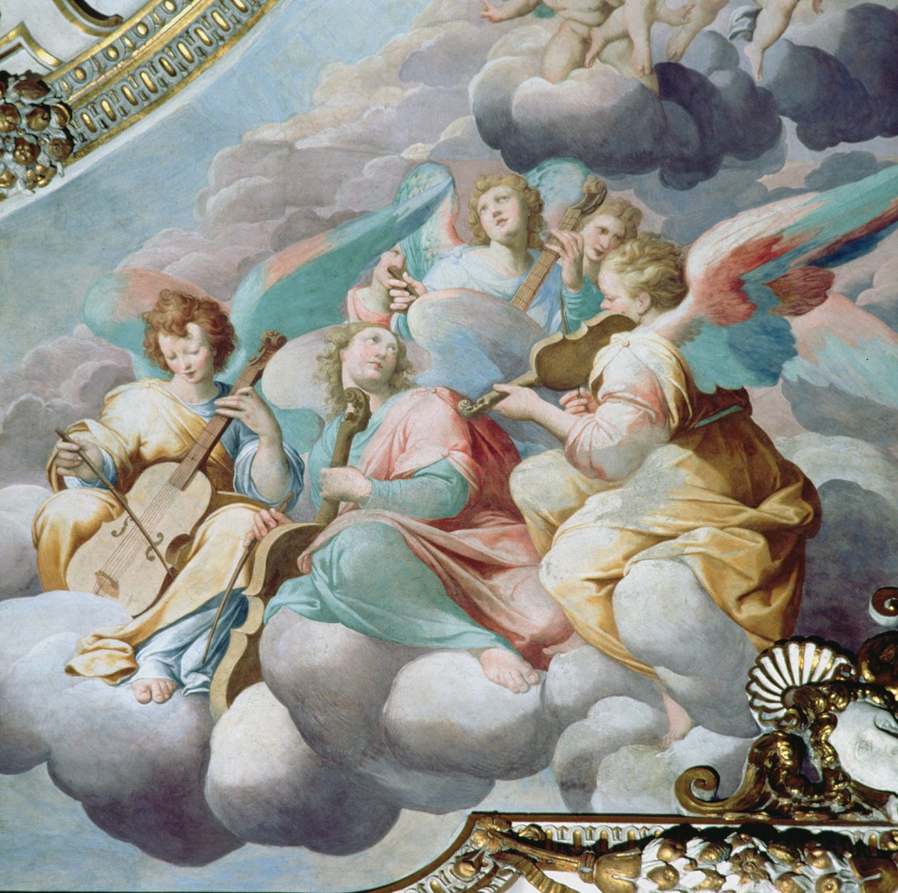 Detail van engel muzikanten van het gewelf van het koor door Camillo Procaccini