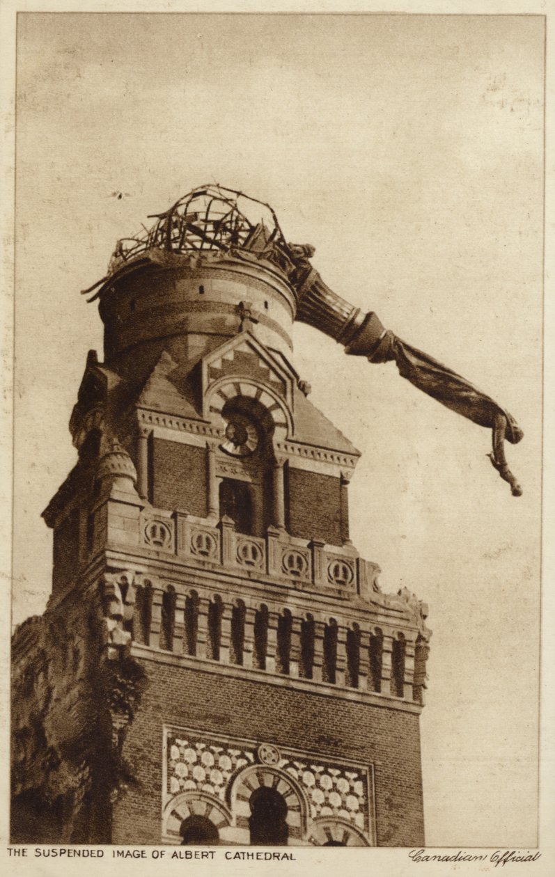 Het hangende standbeeld van de Albert Kathedraal, Frankrijk, Eerste Wereldoorlog (z/w foto) door Canadian Photographer