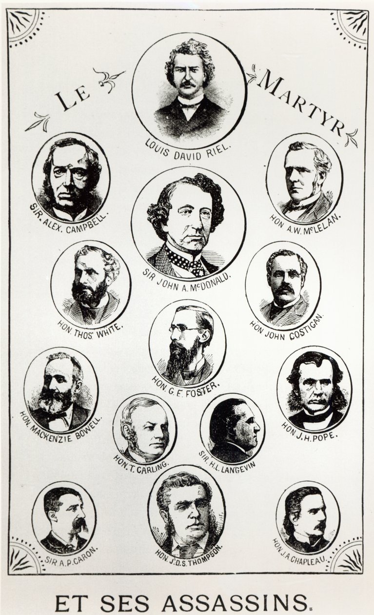 Louis Riel (1844-85) en zijn moordenaars, illustratie uit Le Gibet de Regina, gepubliceerd 1886 door Canadian School