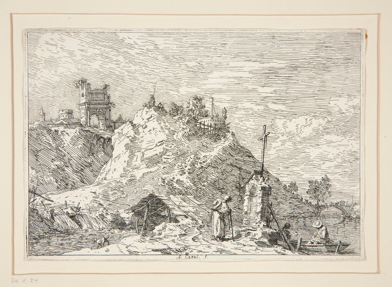 Landschap met de Pelgrim in Gebed, uit de serie Vedute (Gezichten) door Canaletto (Giovanni Antonio Canal)