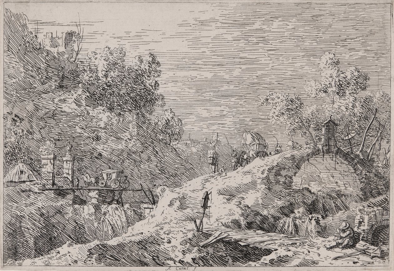 Berglandschap met vijf bruggen, uit de serie Vedute (Gezichten) door Canaletto (Giovanni Antonio Canal)