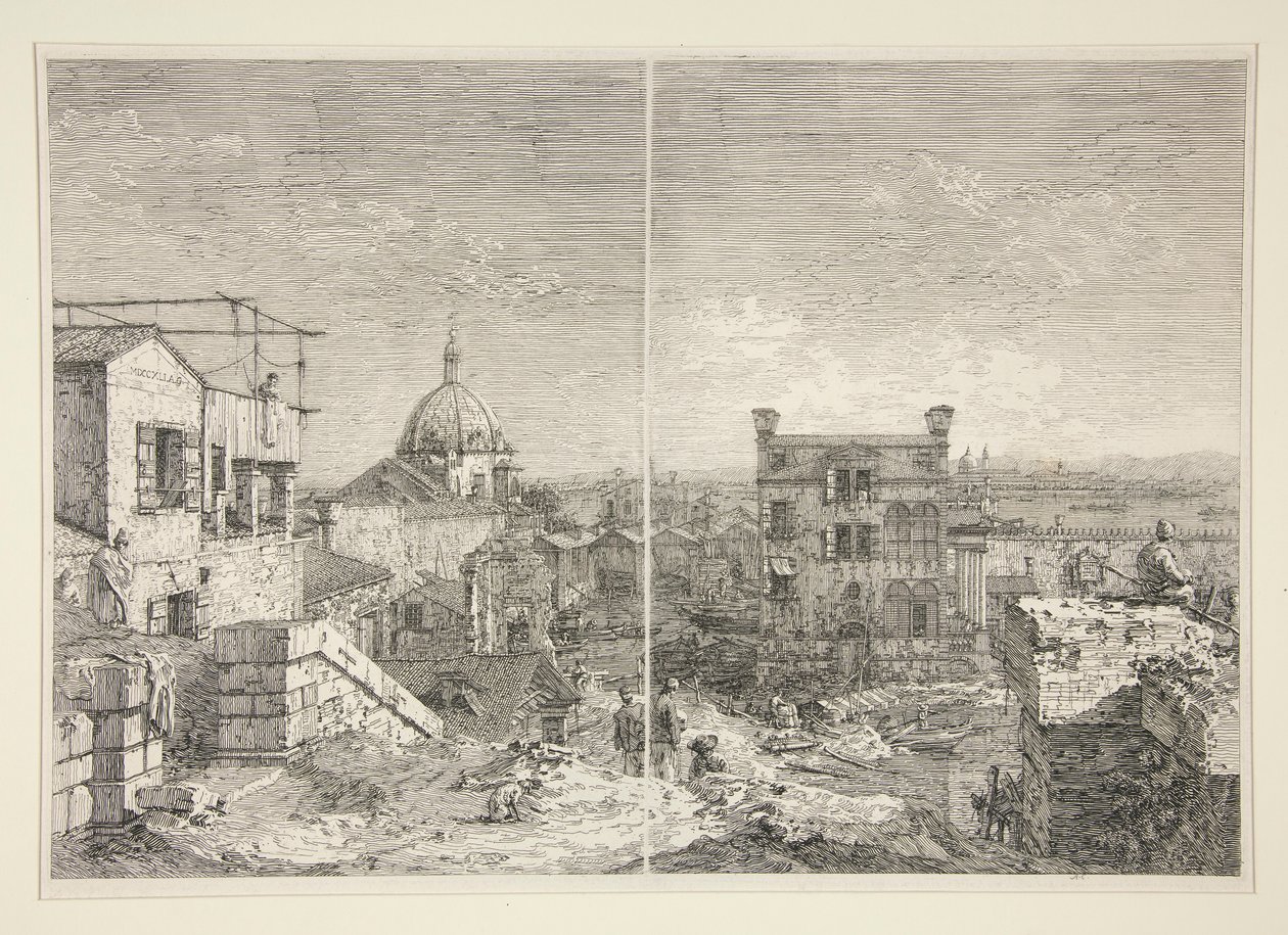 Het huis met de inscriptie: MDCCXLI. A. C. [en] Het huis met de peristyle en zes kolommen, uit de serie Vedute (Gezichten) door Canaletto (Giovanni Antonio Canal)