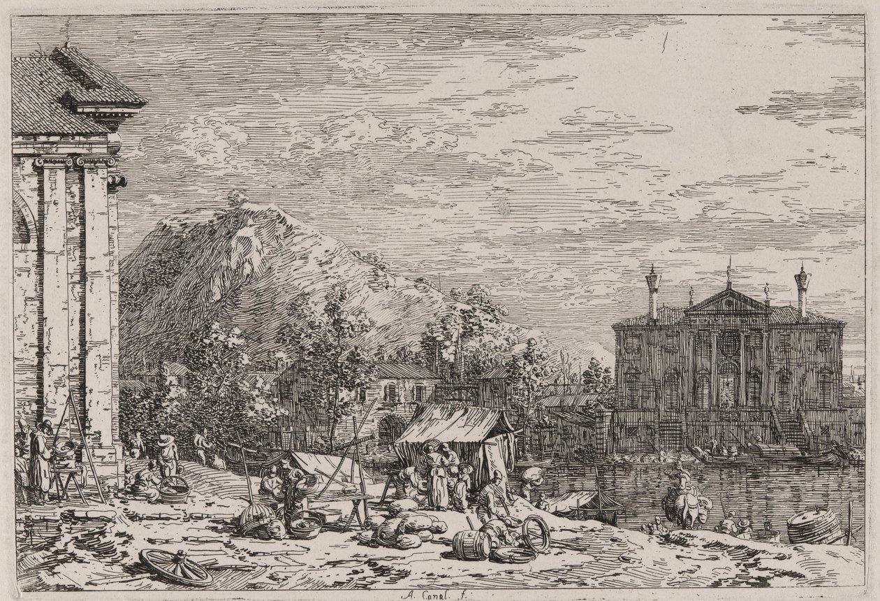 De Markt in Dolo, uit de serie Vedute (Gezichten) door Canaletto (Giovanni Antonio Canal)