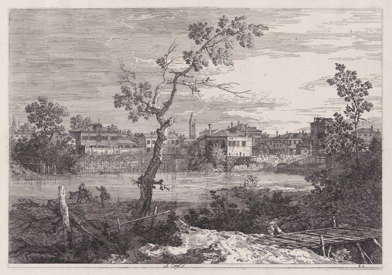 Gezicht op een stad aan een rivier, uit de serie Vedute (Gezichten) door Canaletto (Giovanni Antonio Canal)