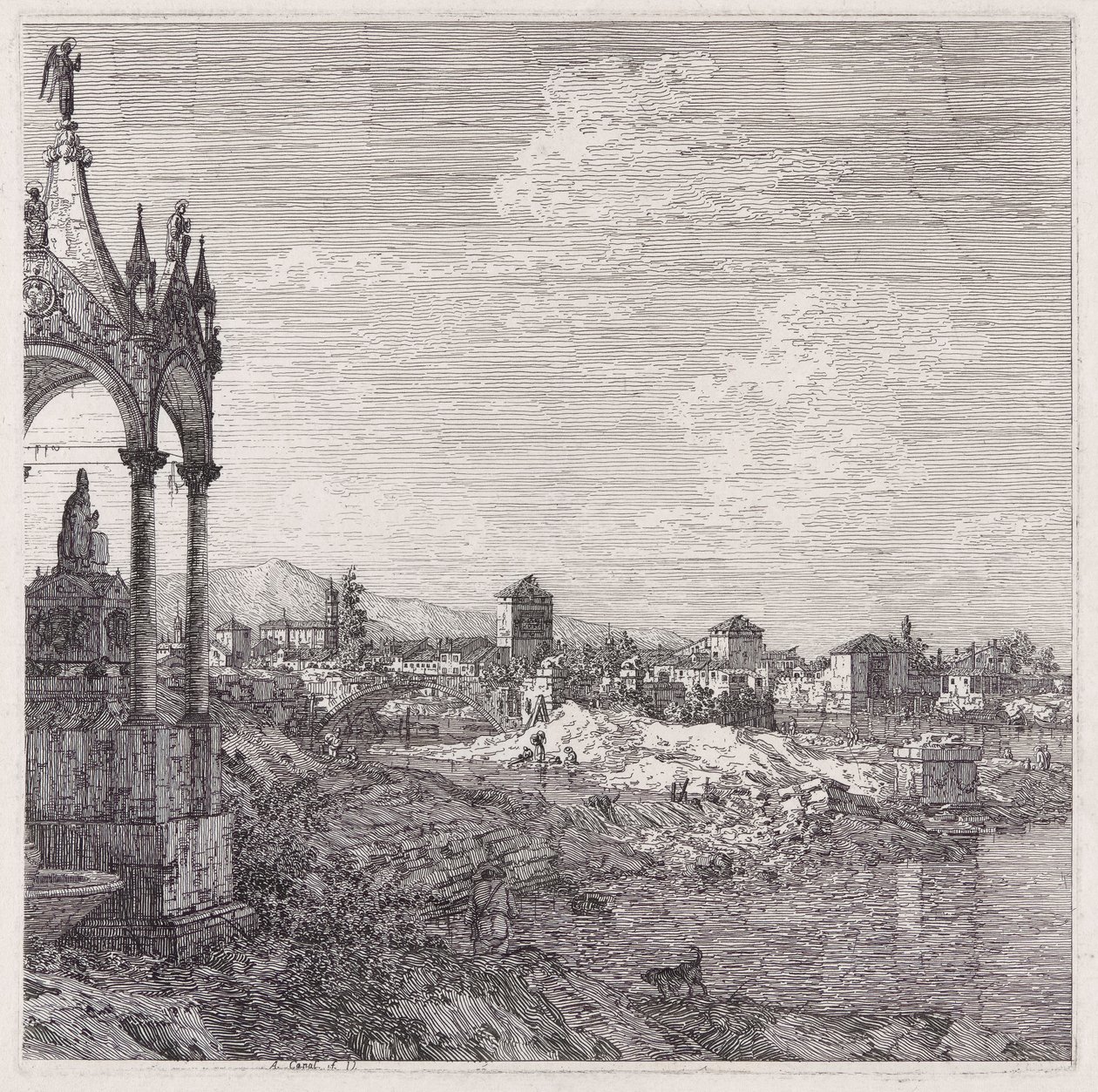 Gezicht op een stad met een bisschop door Canaletto (Giovanni Antonio Canal)