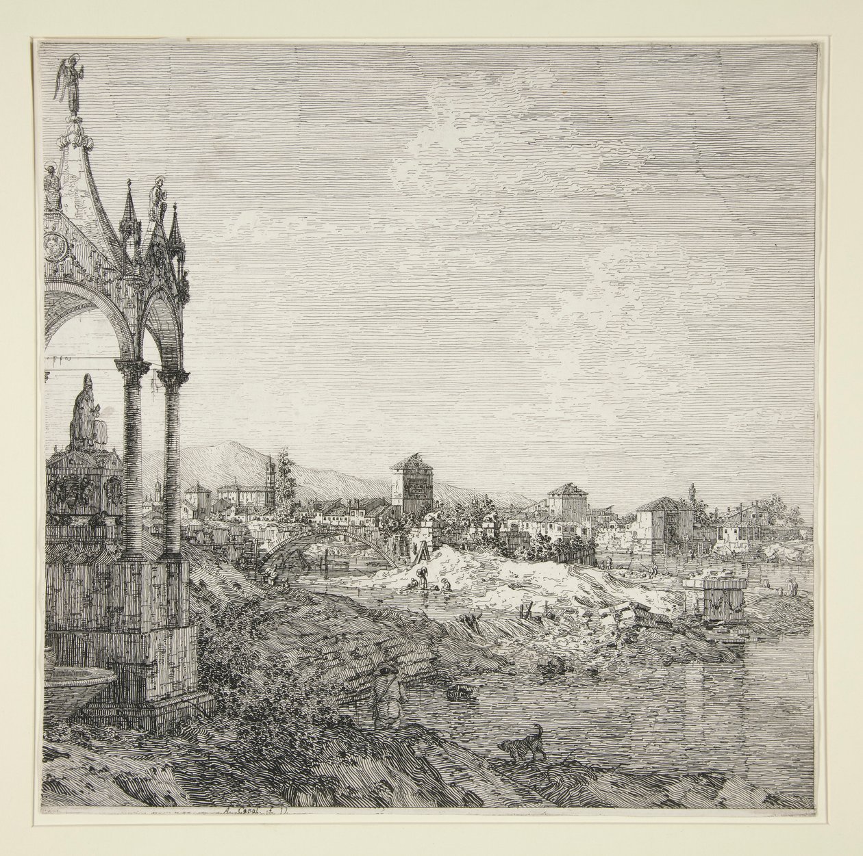 Zicht op een stad met een bisschop door Canaletto (Giovanni Antonio Canal)