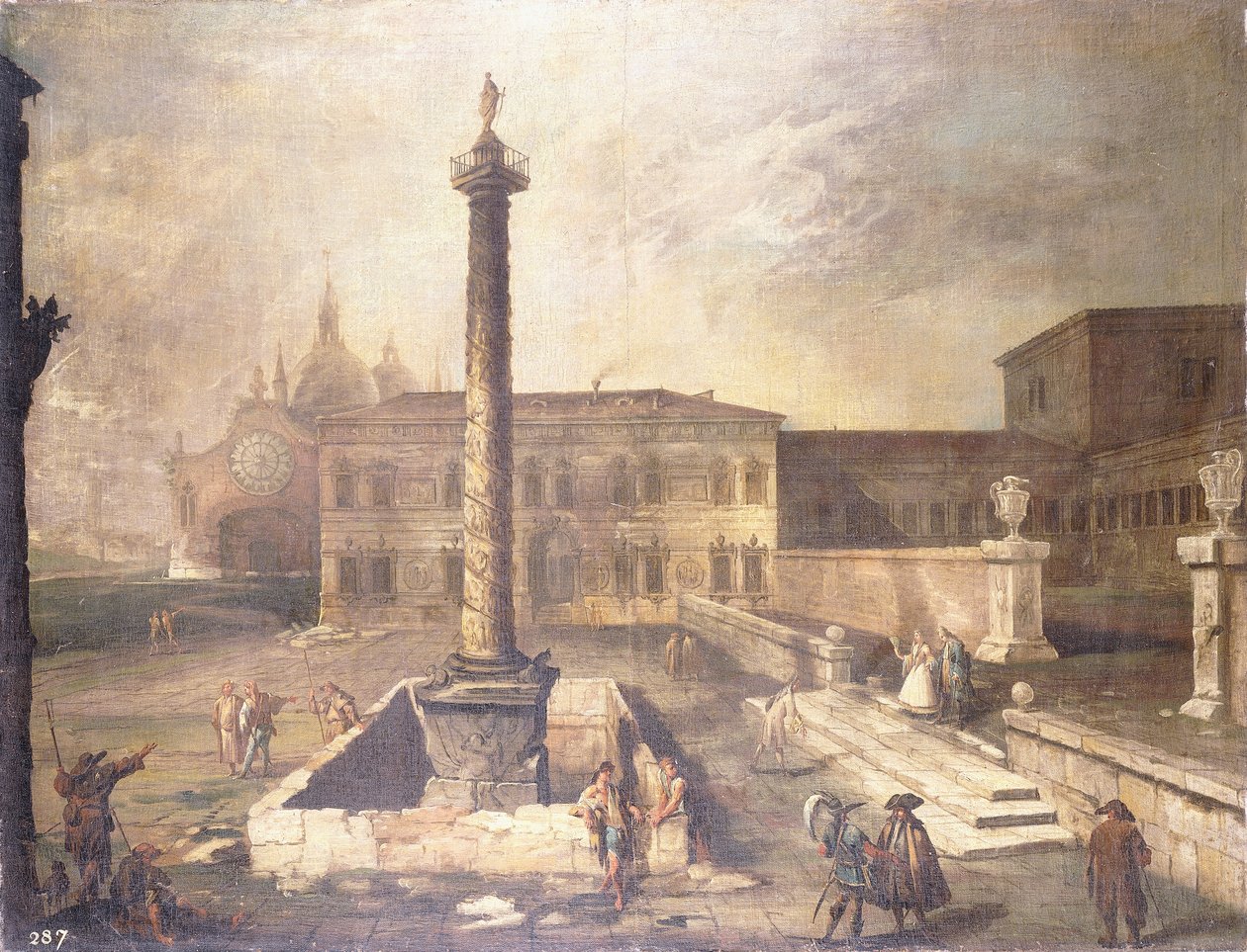 Een capriccio van een piazza voor een paleis met de zuil van Marcus Aurelius door Giovanni Antonio Canal