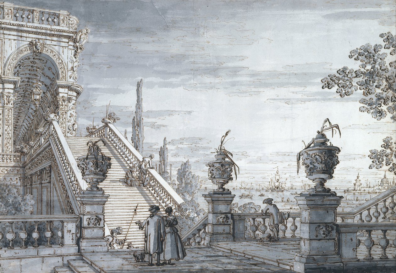 Een capriccio met een monumentale trap door Canaletto