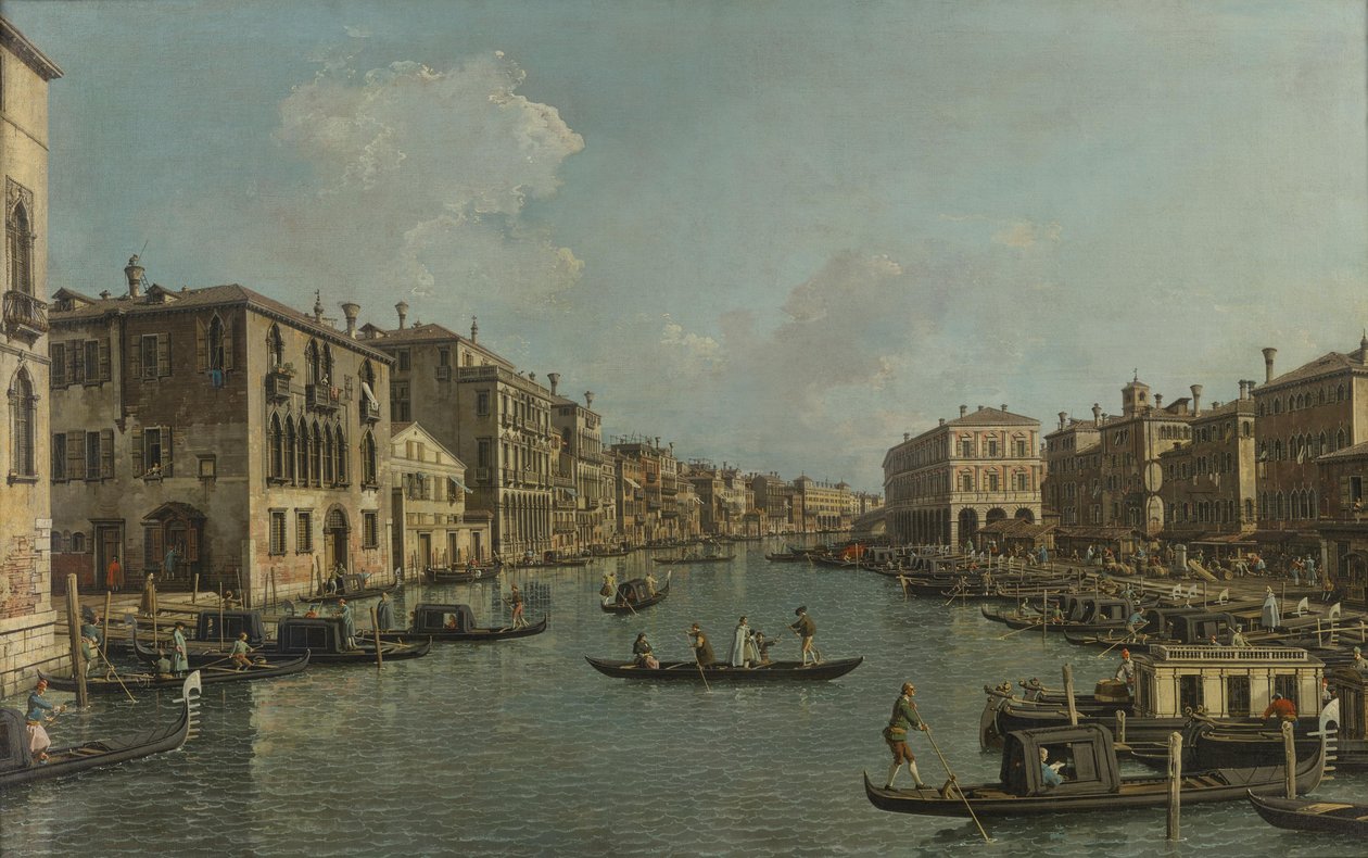 Duits: Der Canal Grande mit Blick in südöstlicher Richtung auf die Rialtobrücke Het Canal Grande met uitzicht in zuidoostelijke richting op de Rialtobrug door Canaletto