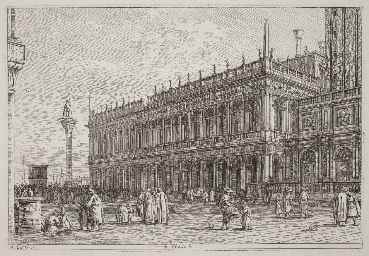 De boekhandel. V. [linksboven] door Canaletto