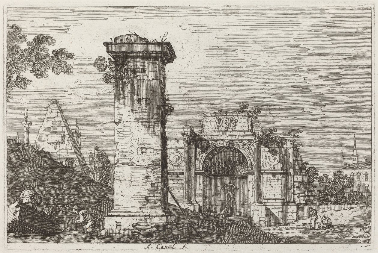 Landschap met Vernielde Monumenten [rechts], c. 1735-1746 door Canaletto