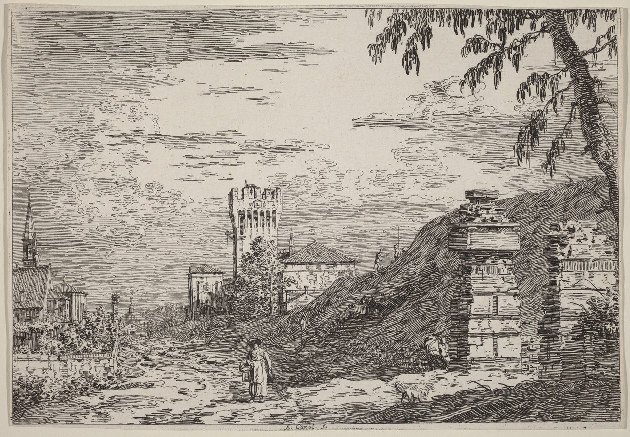 Landschap met toren en twee vervallen zuilen door Canaletto