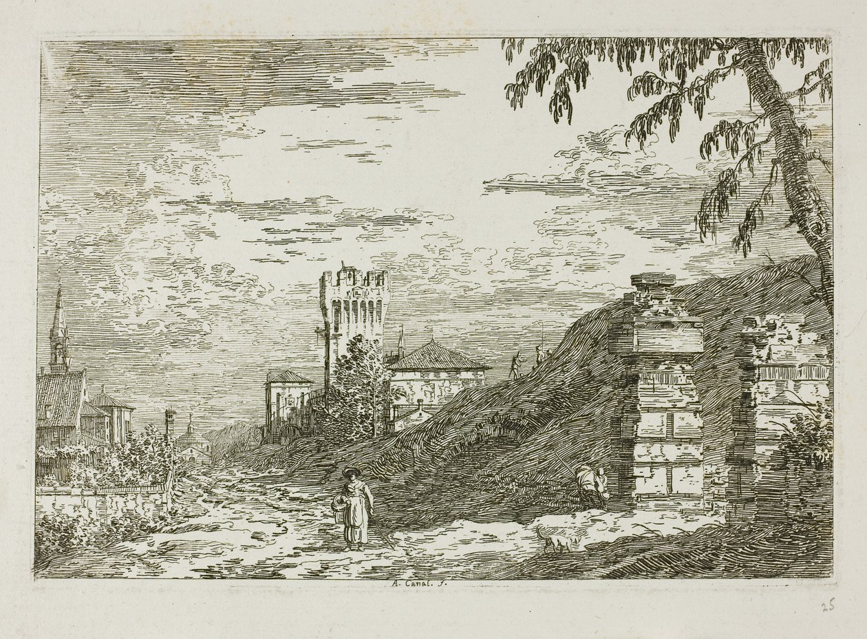 Landschap met toren en twee verwoeste pilaren, uit Vedute door Canaletto