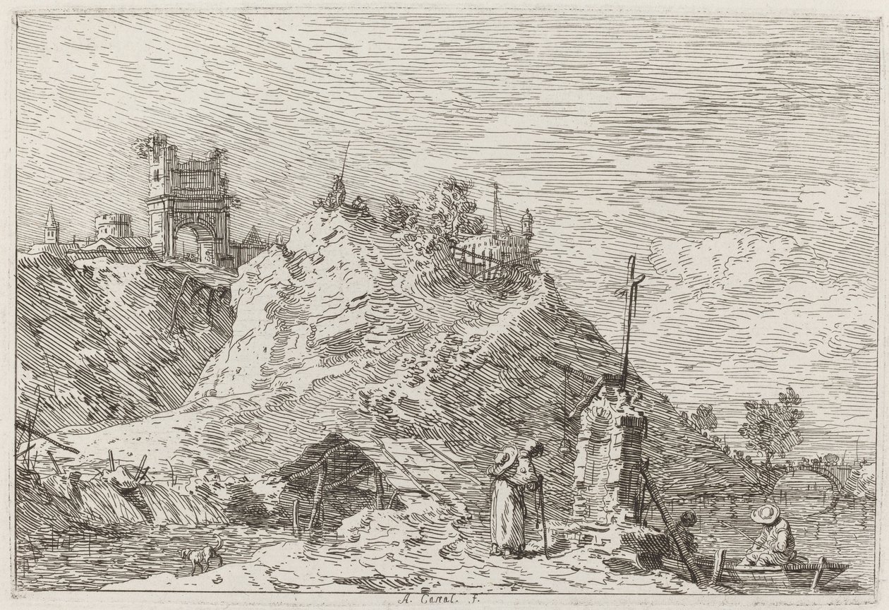 Landschap met de pelgrim in gebed door Canaletto