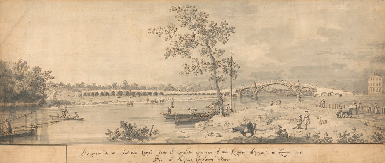 Oude Walton-brug gezien vanaf de Middlesex-oever door Canaletto
