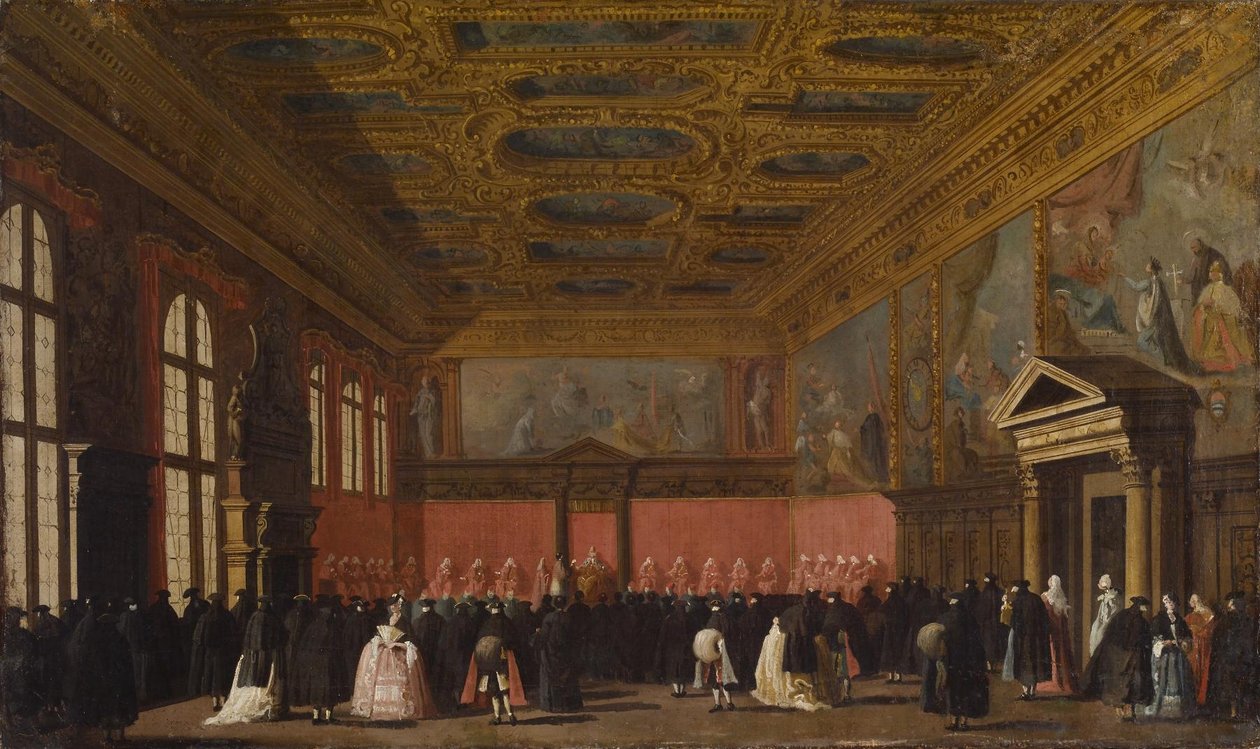 Ontvangst van buitenlandse ambassadeurs in het Dogenpaleis, Venetië door Canaletto