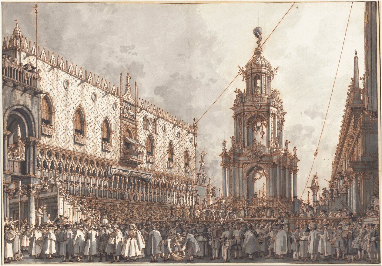 Het "Giovedì Grasso"-festival voor het Dogepaleis in Venetië door Canaletto