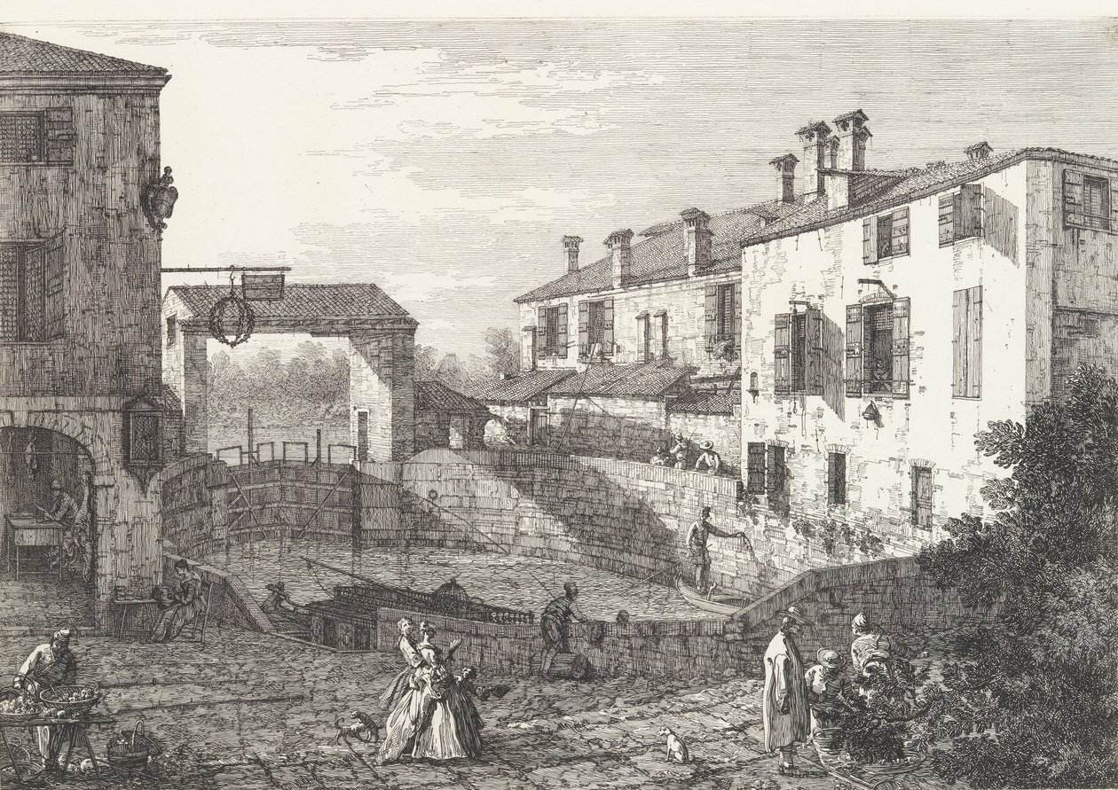 De Sloten bij Dolo, een ovaalvormig bassin met boten in het midden, gebouwen aan weerszijden, 1735-46 door Canaletto