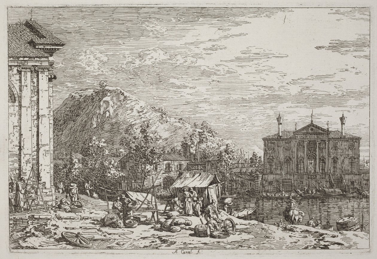 De markt in Dolo [linksonder] door Canaletto
