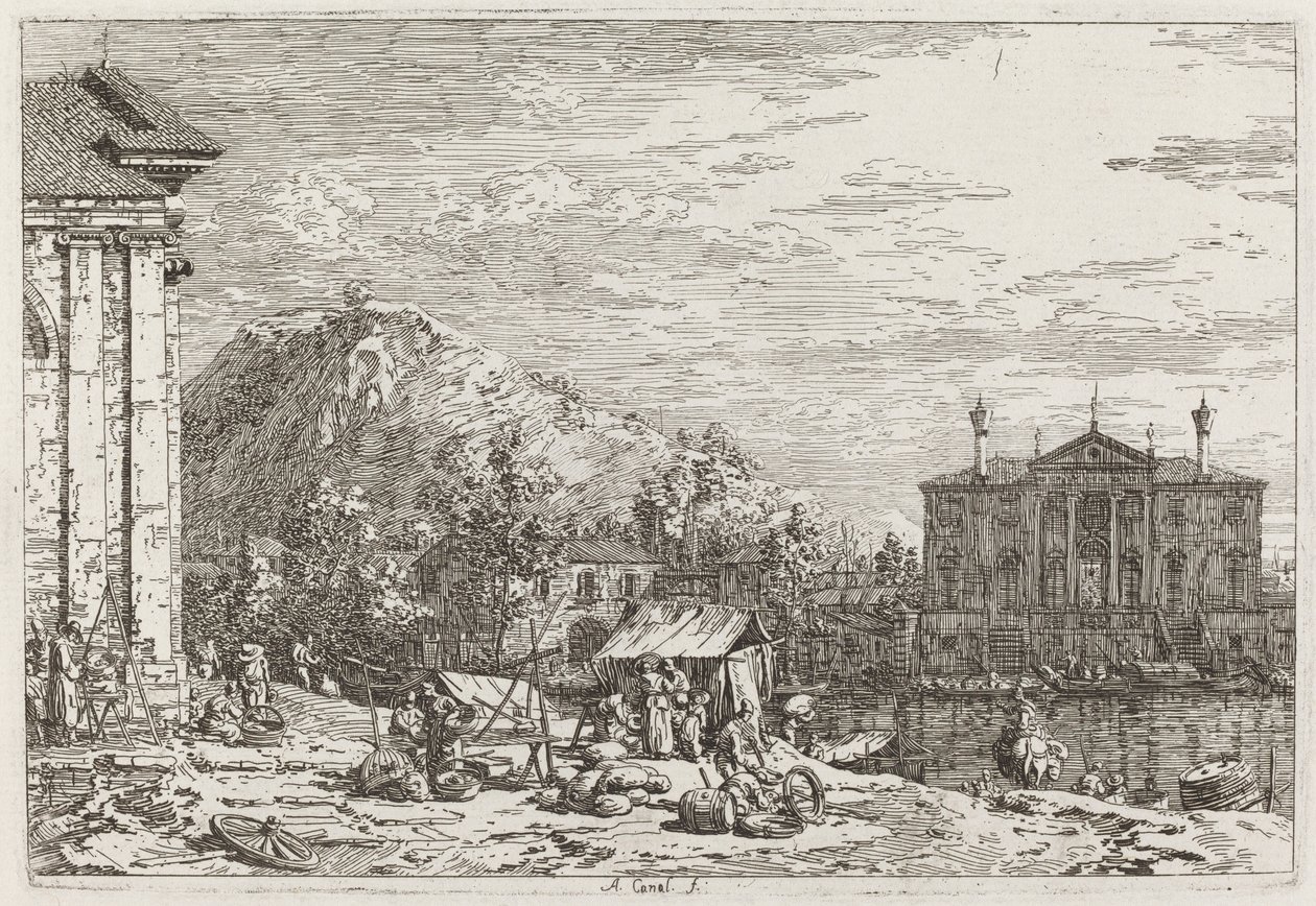 De markt in Dolo [linksonder], ca. 1735-1746 door Canaletto