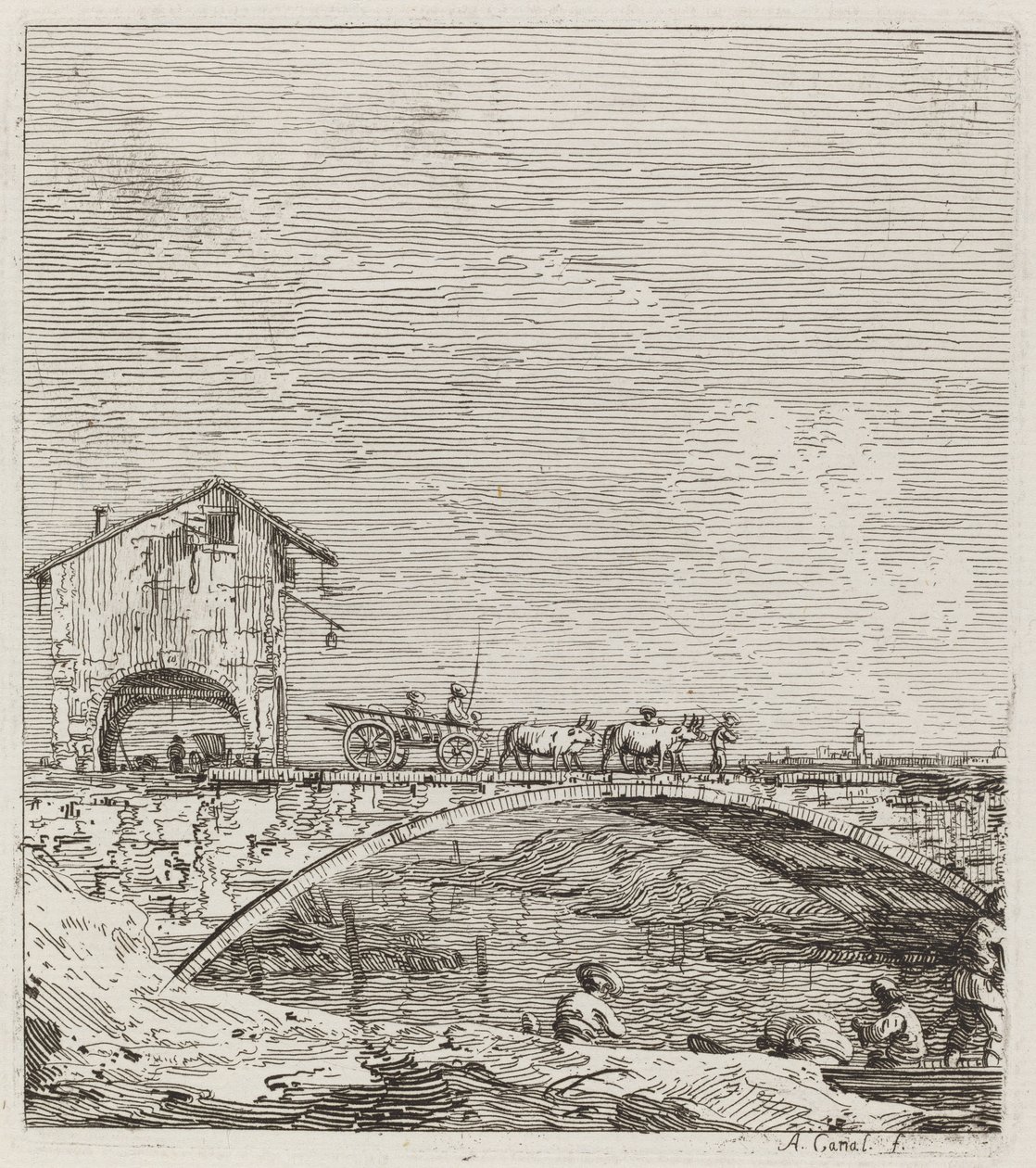 De wagen die over een brug gaat door Canaletto