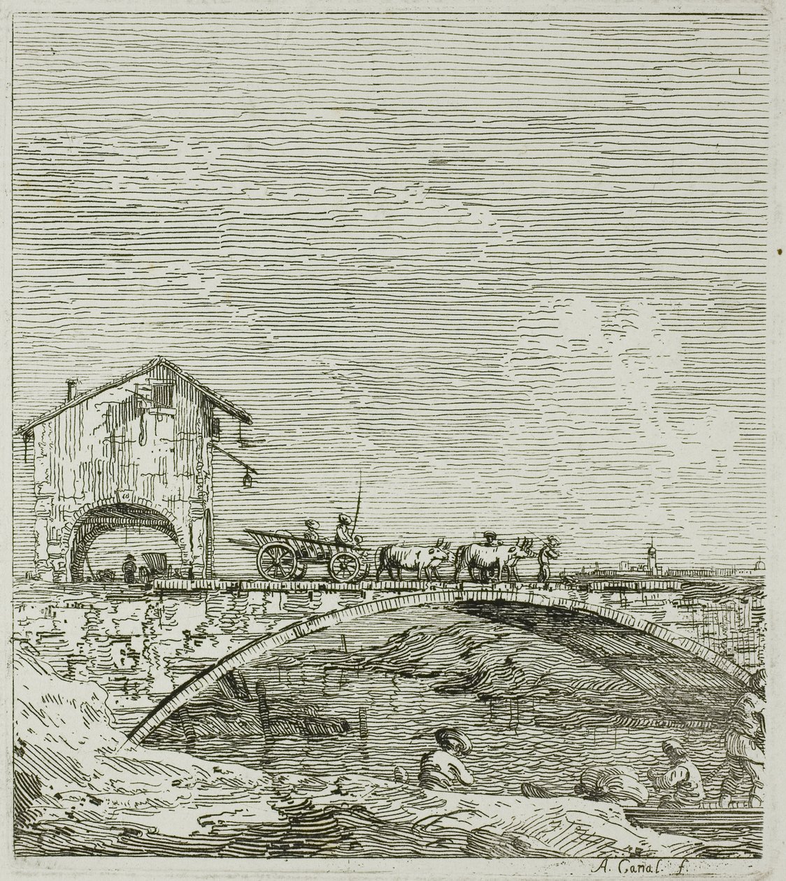 De wagen die over een brug gaat, uit Vedute door Canaletto