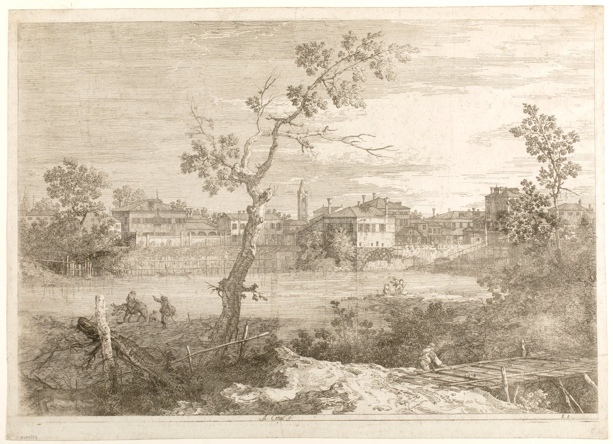 Uitzicht op een stad aan de oever van een rivier, uit de serie „Uitzichten” door Canaletto