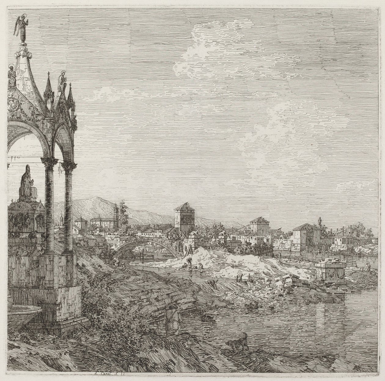 Uitzicht op een stad met het graf van een bisschop door Canaletto