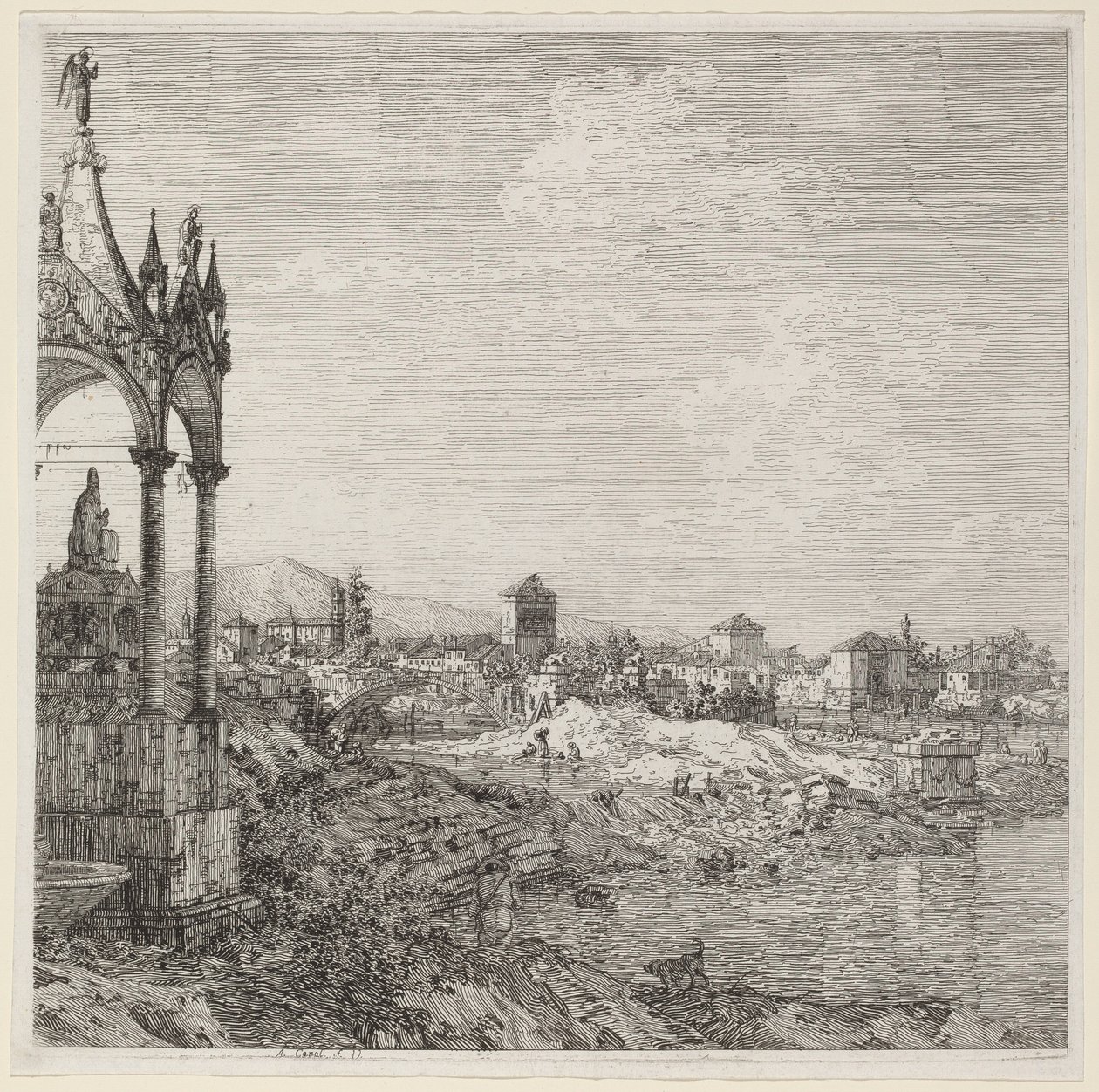 Zicht op een Stad met een Bisschopsgraf, ca. 1740 door Canaletto